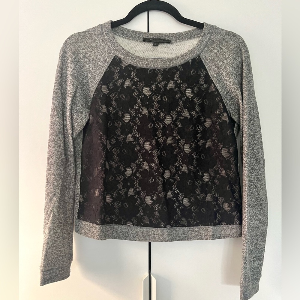 BCBG Max Azria Black Lace Cropped Gray Sweatshirt XS
